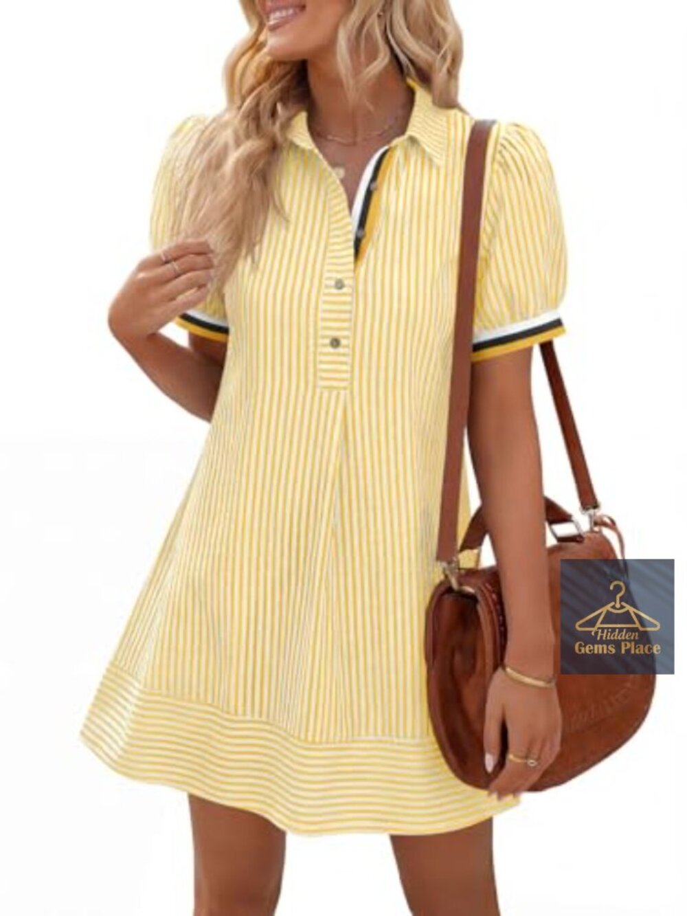 Women's Striped Short Sleeve Button Mini Dress with Pockets